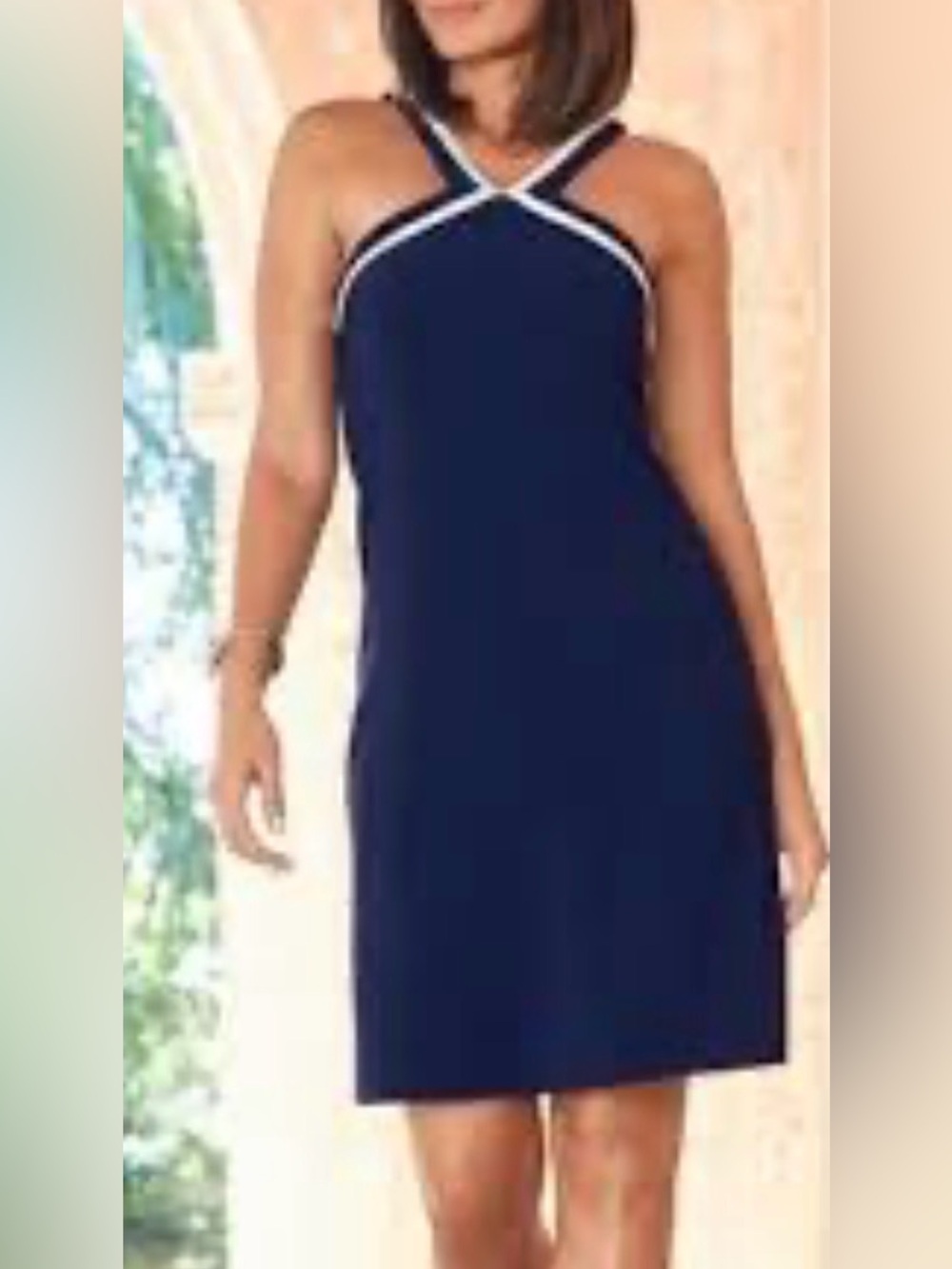 Boston Proper Navy Halter Dress with White Trim